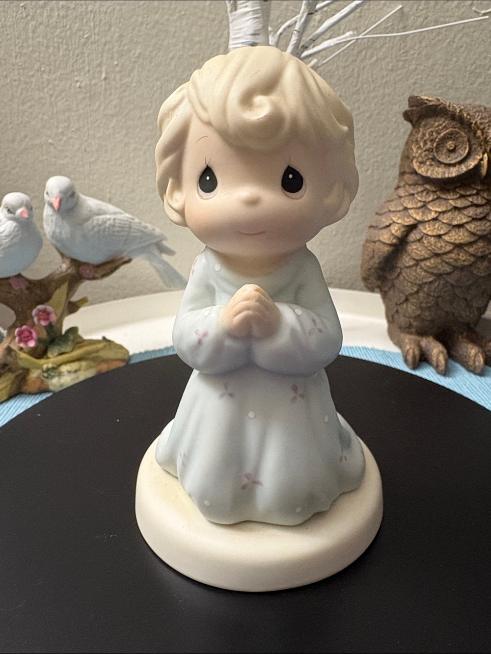 Precious Moments White Porcelain Figurine Base with Light Blue Markings